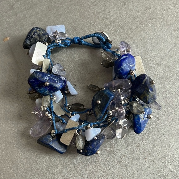 Blue Stone and Sterling Silver Multistrand Bracelet - Picture 1 of 5